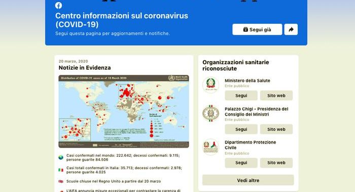 Coronavirus, Facebook lancia pagina informativa