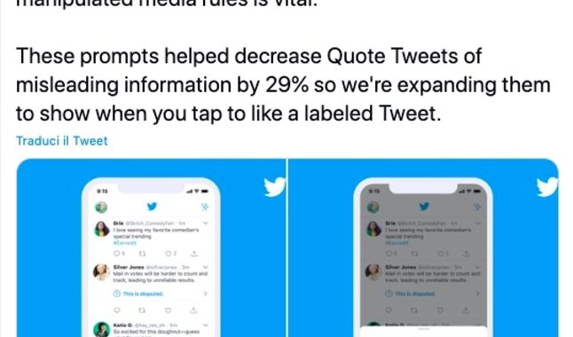 Twitter avvisa se si mette like a contenuti disinformativi