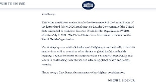 Biden conferma in una lettera: Stati Uniti di nuovo dentro l’Oms