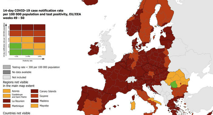 Covid: mappa Ecdc, tutta l’Italia in rosso o rosso scuro