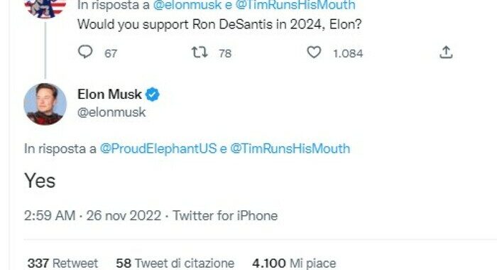 Usa, Musk sosterrà DeSantis alle presidenziali del 2024
