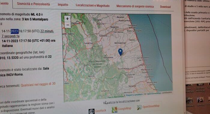 Scossa di terremoto di magnitudo 4.0 nel Fermano