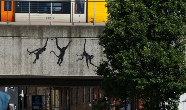 Tre scimpanzé su un ponte ferroviario, Banksy continua il safari